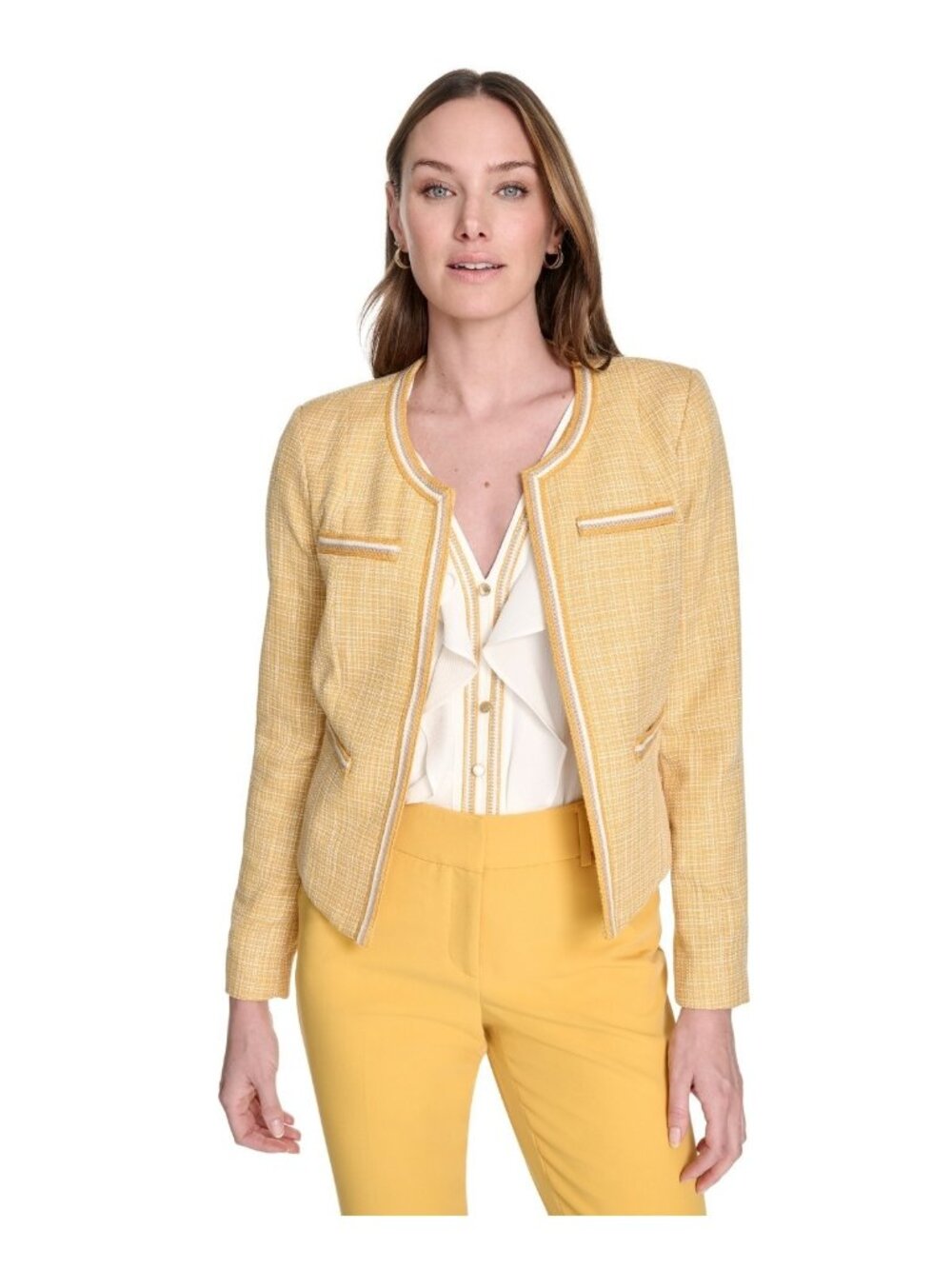 Tommy Hilfiger Women Tweed Collarless Open-Front Jacket Yellow Size 4 $169 SALE